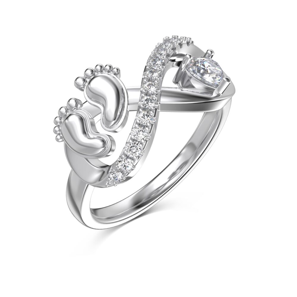 Sterling Silver infinity ring with two baby's feet shape, as a gift for mothers who newly gave birth to a new child