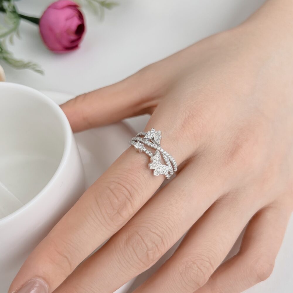 Lady wearing Butterfly shaped sterling silver ring