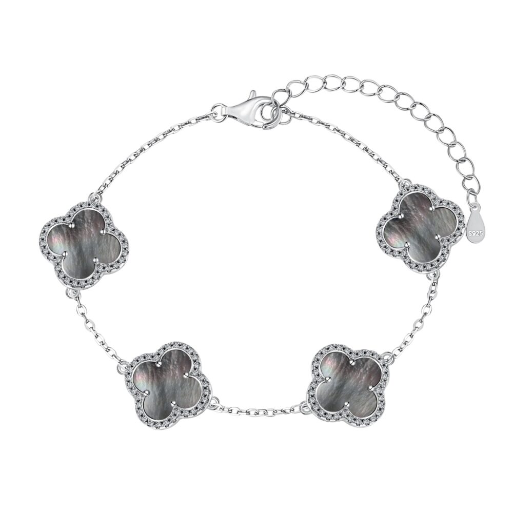 Silver Clover Essence: 925 Sterling Silver Luck Bracelet - Gray
