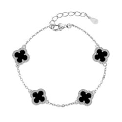 Silver Clover Essence: 925 Sterling Silver Luck Bracelet - Black