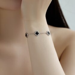 Silver Clover Essence: 925 Sterling Silver Luck Bracelet - Black - Image 2