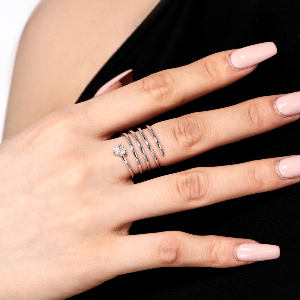 Spiral Heartbeat 925 Sterling Silver Wrap Ring – Open Coil Design with Heart-Shaped Zircon - Image 2