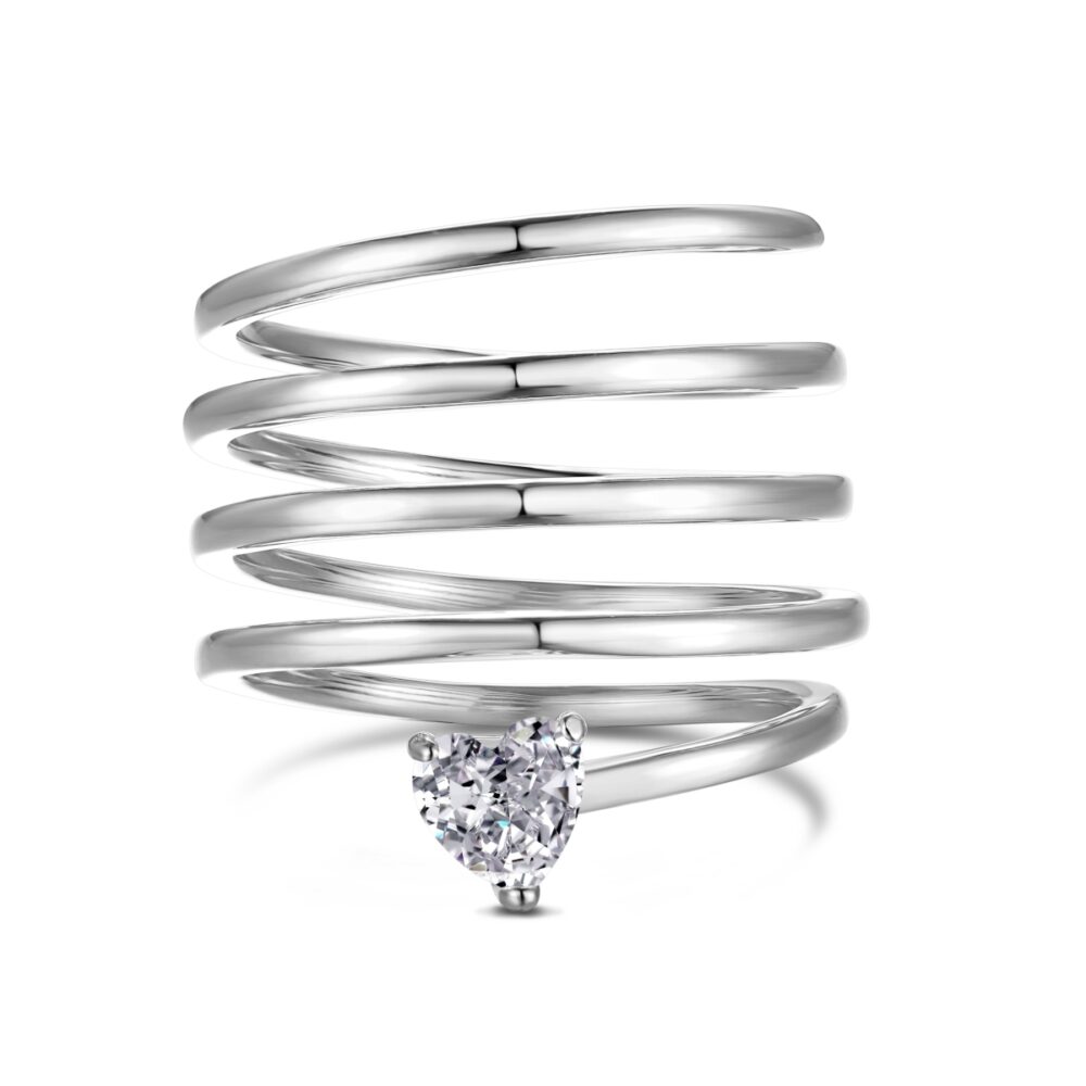 Spiral Heartbeat 925 Sterling Silver Wrap Ring – Open Coil Design with Heart-Shaped Zircon