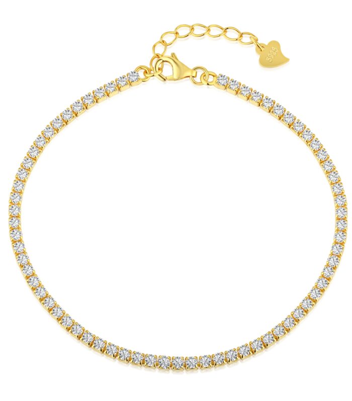 925 Sterling Silver Gold-Plated Tennis Bracelet – Classic Round-Cut CZ, Adjustable Elegant Chain for Women