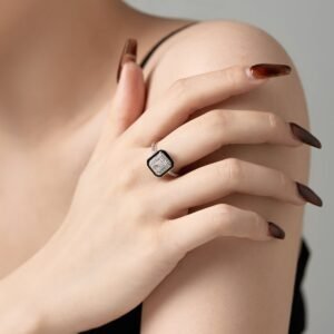 Lusso Nero - 925 Sterling Silver Emerald Cut Zirconia Ring - Alternate View