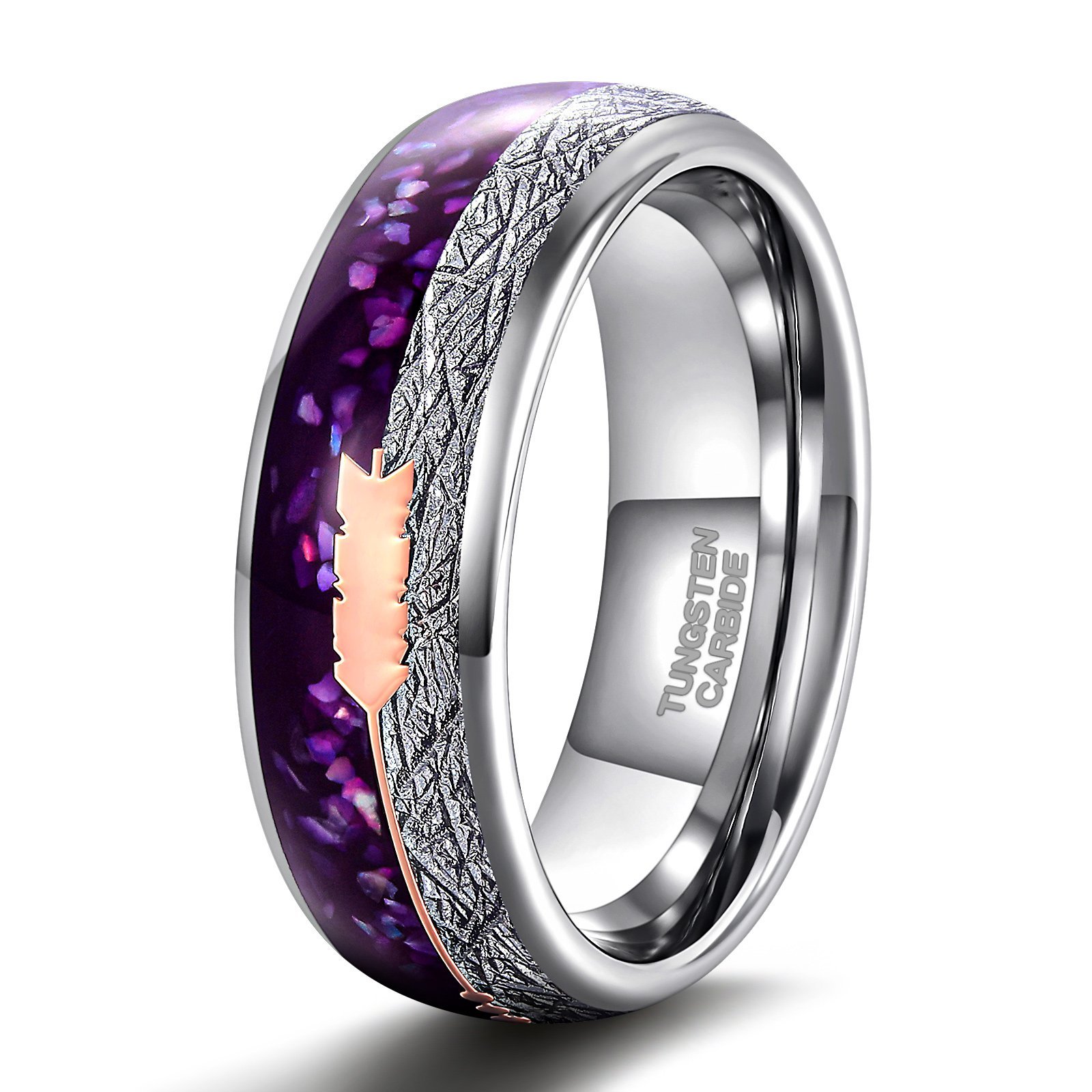 Unisex Rose Gold Arrow Tungsten Ring with Purple Agate Meteorite Inlay