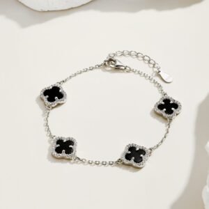 Silver Clover Essence: 925 Sterling Silver Luck Bracelet - Black - View 4