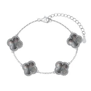 Silver Clover Essence: 925 Sterling Silver Luck Bracelet - Gray