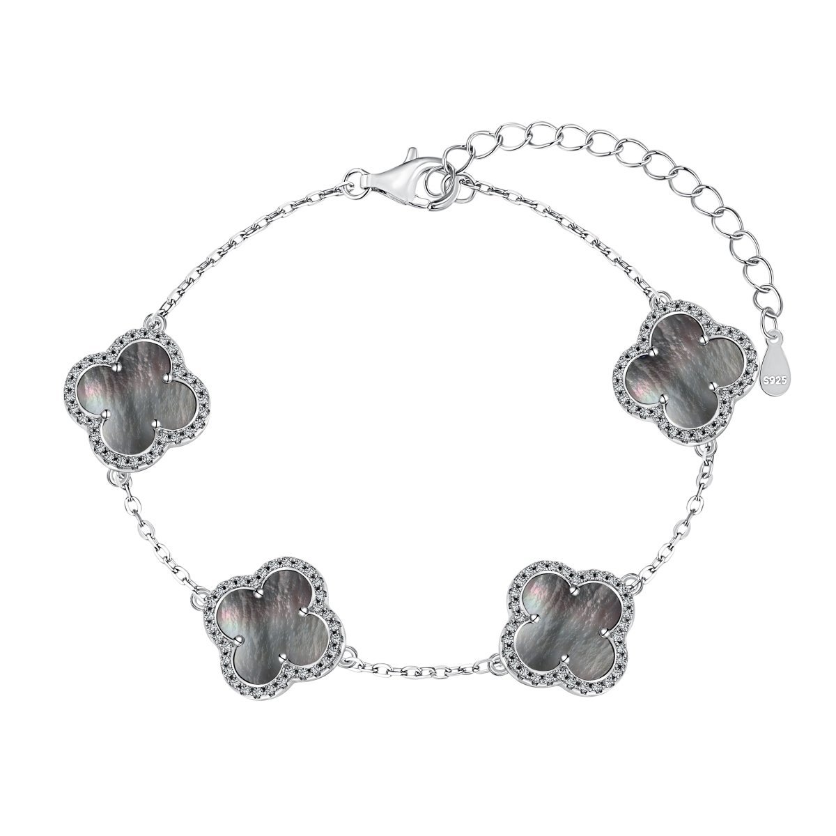 Silver Clover Essence: 925 Sterling Silver Luck Bracelet - Gray