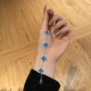 Silver Clover Essence: 925 Sterling Silver Luck Bracelet - Blue - Alternate View