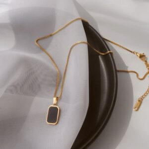 Midnight Charm – Women's Stainless Steel Chain Necklace with Black Stone Pendant - View 3