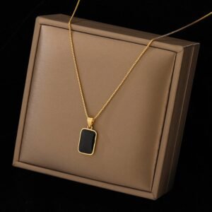 Midnight Charm – Women's Stainless Steel Chain Necklace with Black Stone Pendant - View 4