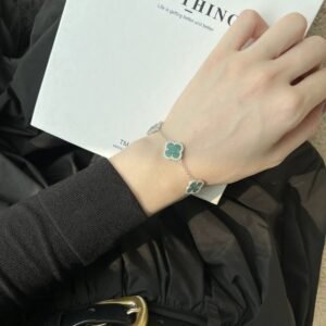Silver Clover Essence: 925 Sterling Silver Luck Bracelet - Green - Alternate View