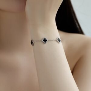 Silver Clover Essence: 925 Sterling Silver Luck Bracelet - Black - Alternate View