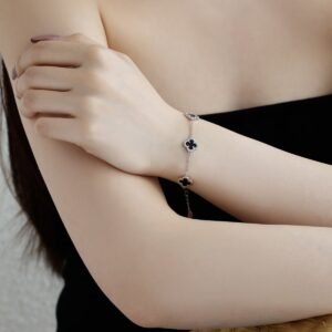 Silver Clover Essence: 925 Sterling Silver Luck Bracelet - Black - View 3