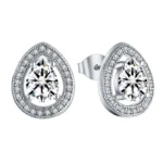 925 Sterling Silver Rhodium-Plated Teardrop Earrings with Clear CZ Crystals