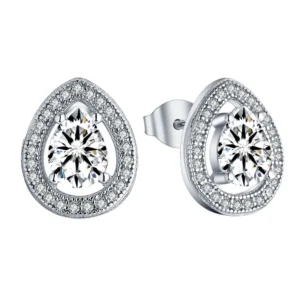 925 Sterling Silver Rhodium-Plated Teardrop Earrings with Clear CZ Crystals