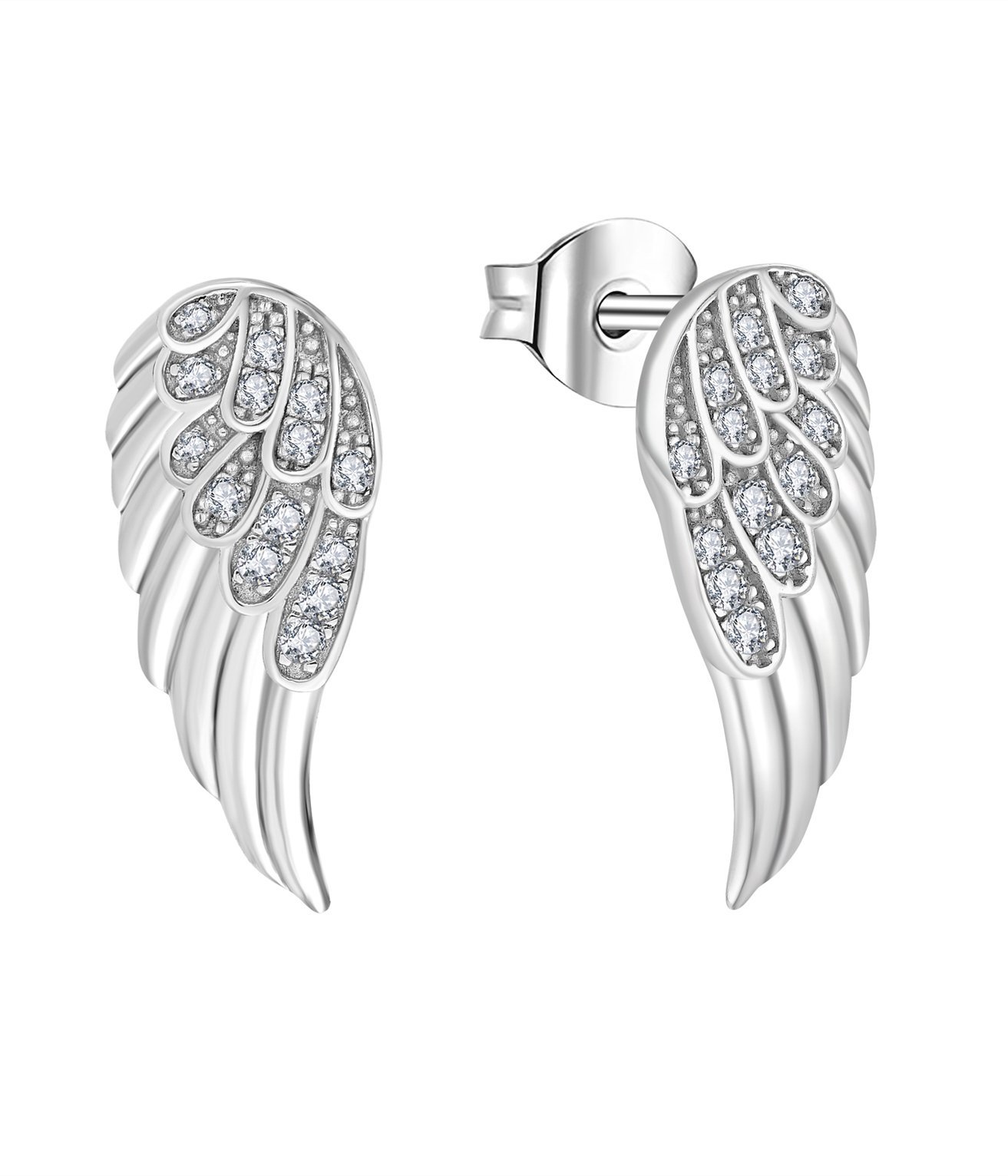 High Quality 925 Sterling Silver Angel Wing Stud Earrings for Women - Clear CZ Inlay Adding Spiritual Charm