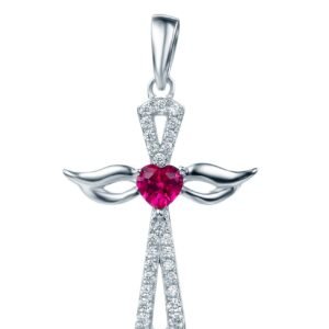 High Quality 925 Sterling Silver Cross Angel Wing Pendant With Cubic Zirconia Gem