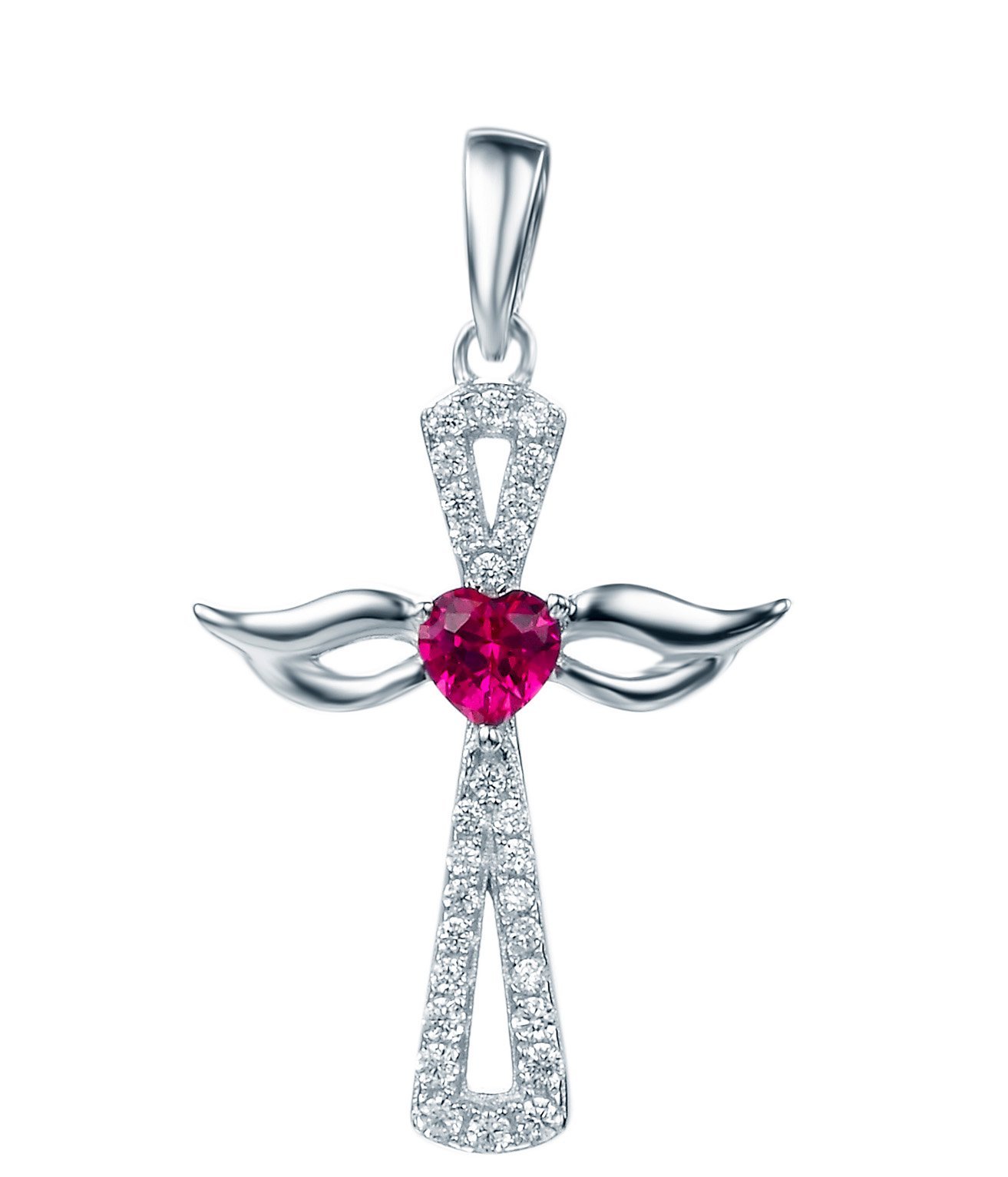 High Quality 925 Sterling Silver Cross Angel Wing Pendant With Cubic Zirconia Gem